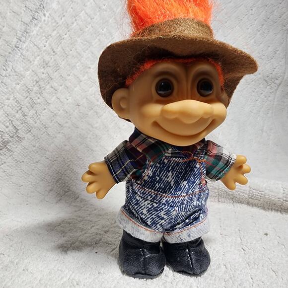 Russ Vintage Country Farmer Troll Doll 5" Jean Overalls Boots Orange Hair Hat - Picture 2 of 5